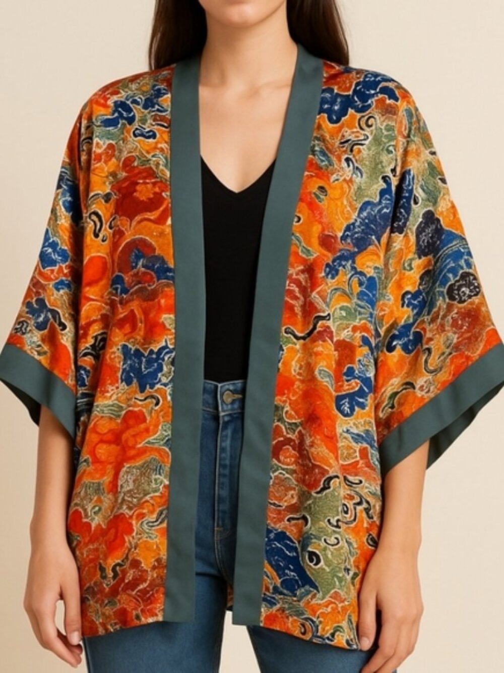 Soft Surroundings Boho Kimono Floral Open Front Cardigan Topper Medium